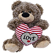 Valentines Teddy Bear Tan Curly Hair Plush with LOVE Heart - 11 inch Valentines Day Stuffed Animal - Soft Tan Brown Bear Sitting with Big Red Stitched Love Heart Perfect Valentines Day Gift